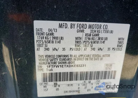 2013 Ford F150 Supercrew из США, поврежденный, VIN 1FTFW1ETXDKE93231